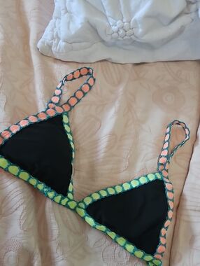 Xhilaration Black Bikini Top with Teal Crochet Trim and Lime Accents